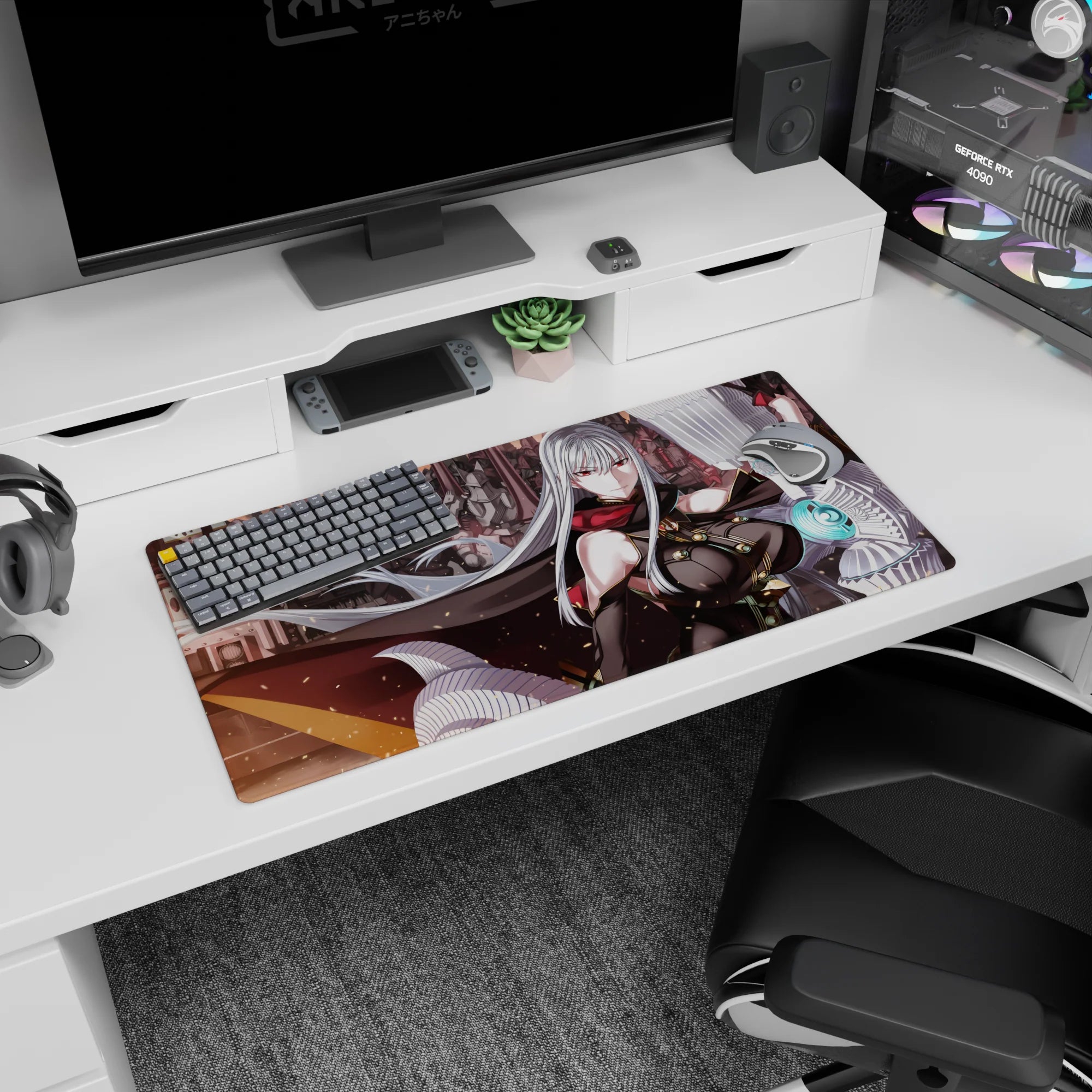 Anime girl mouse pad 32x16 inches showing red-eyed silver-haired heroine before armored mechs and tech wings.