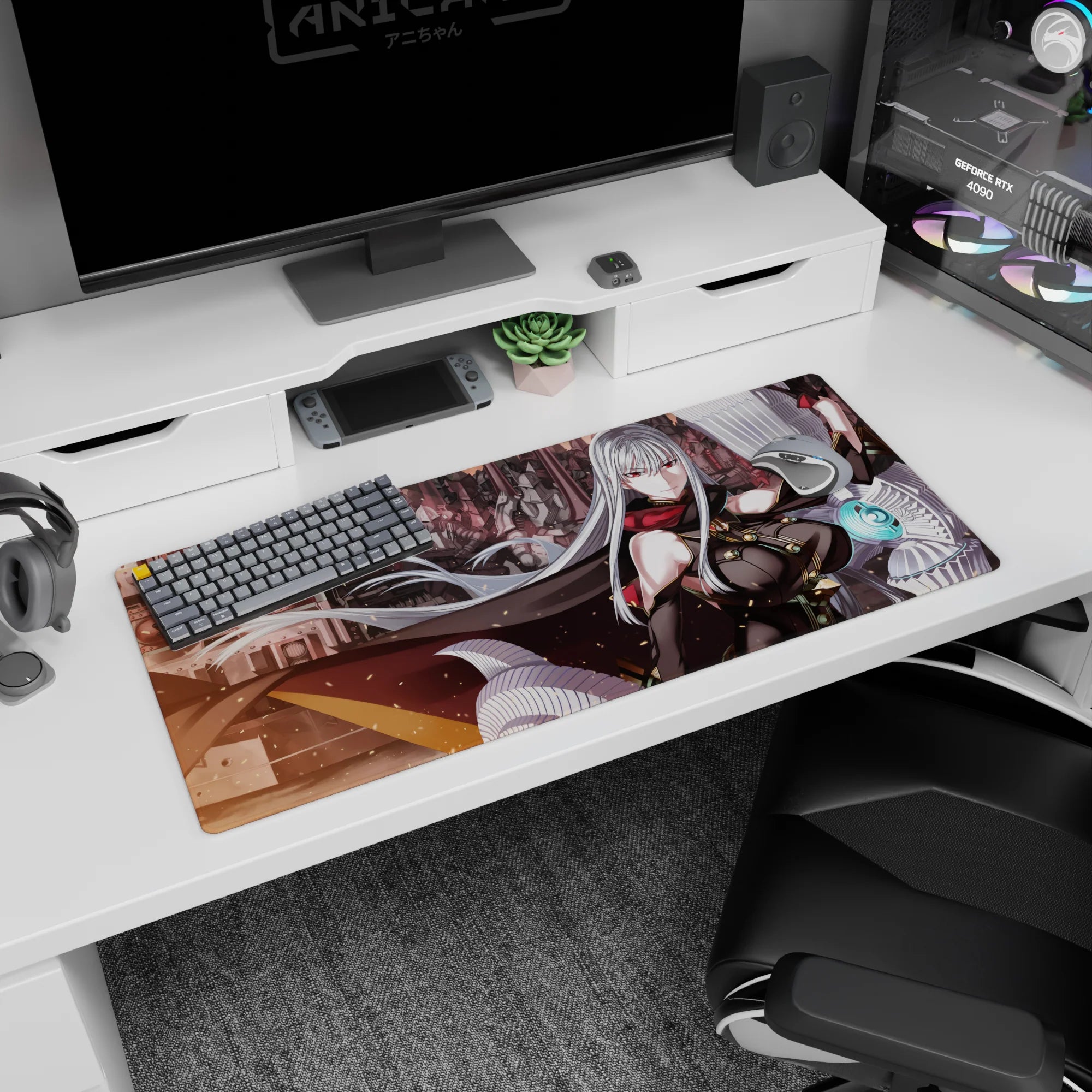 36x16 inches desk pad showing silver-haired commander in cape, red eyes, with armored mechs behind.