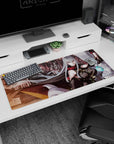 36x16 inches desk pad showing silver-haired commander in cape, red eyes, with armored mechs behind.