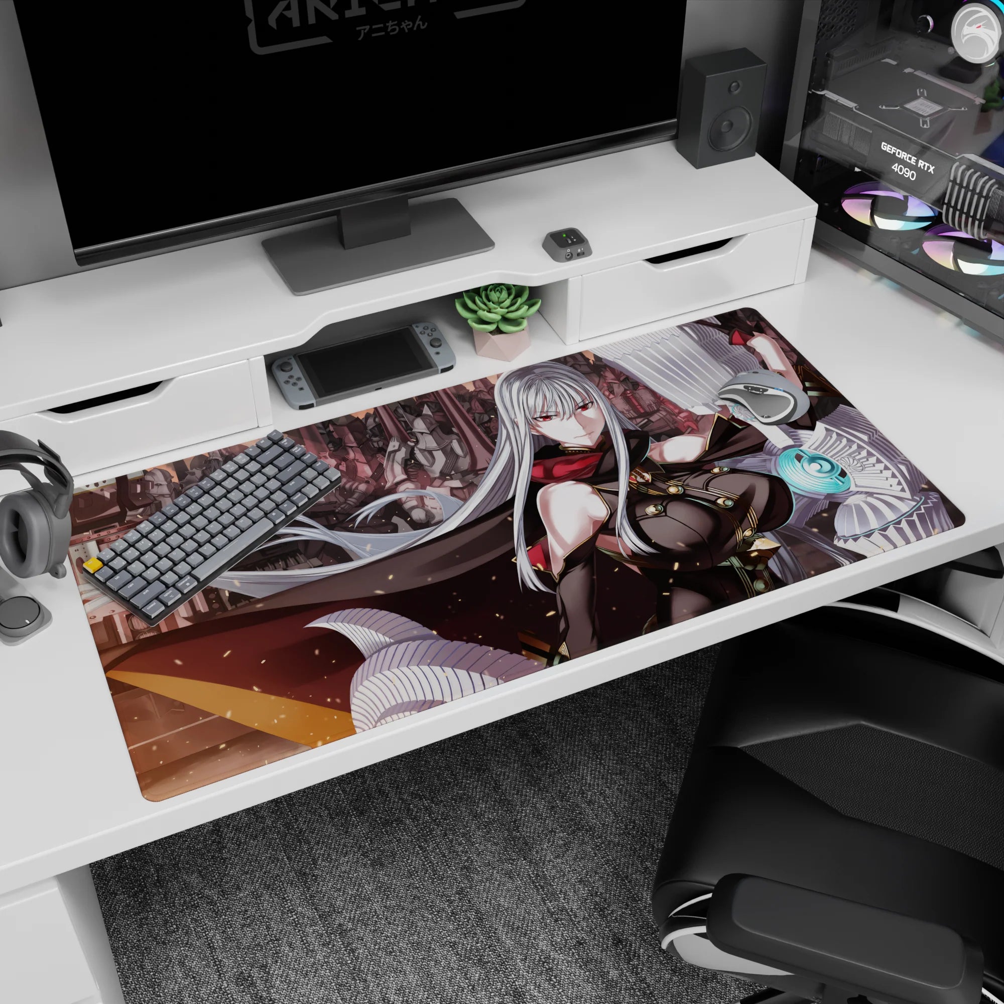 40x20 inches anime mouse pad showing red-eyed silver-haired heroine in cape with armored mechs behind her.