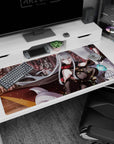 40x20 inches anime mouse pad showing red-eyed silver-haired heroine in cape with armored mechs behind her.