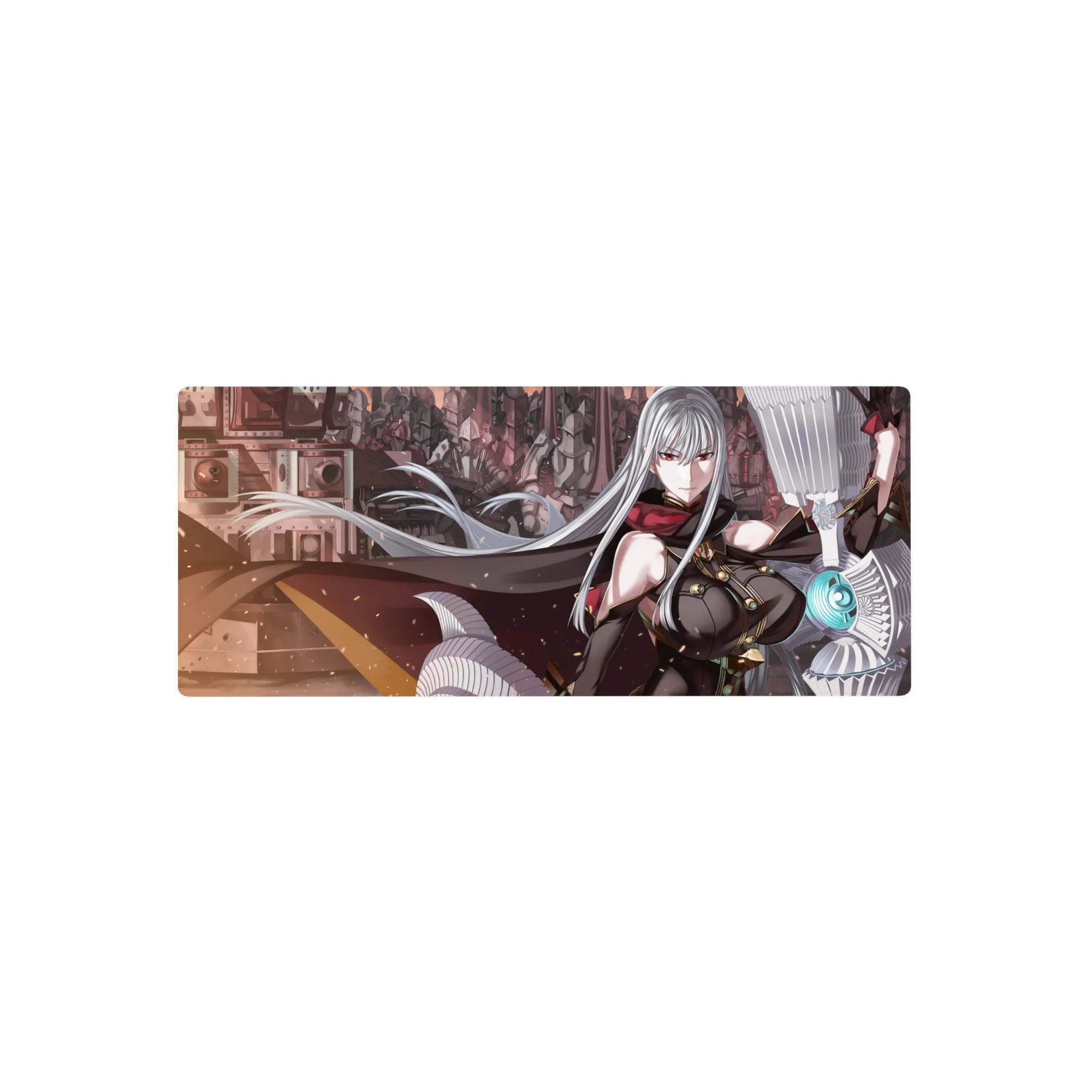 28x12 inches anime girl mouse pad with silver-haired commander, red eyes, cape, and mech army backdrop.
