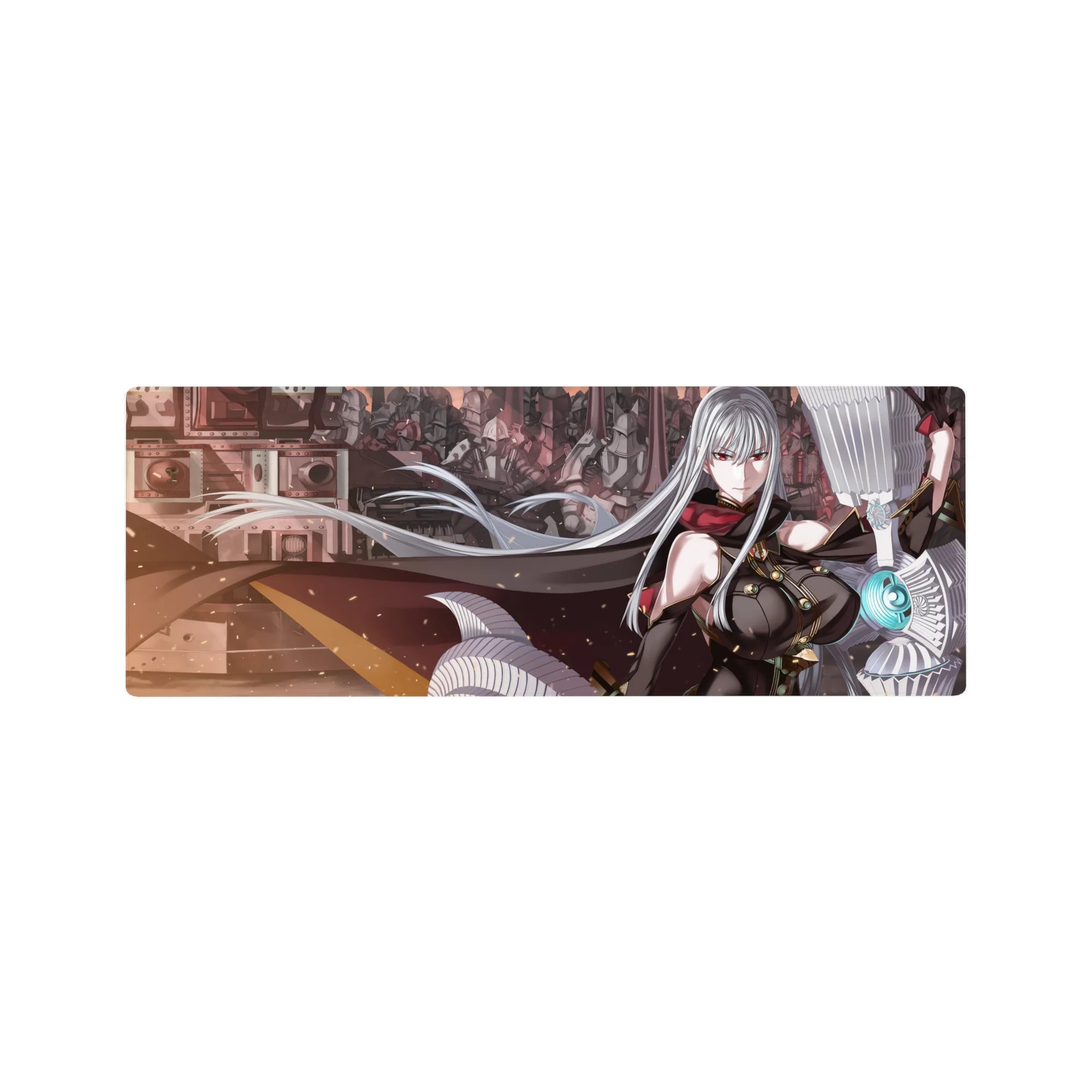 32x12 inches anime girl mouse pad with silver-haired red-eyed commander and mech army sci-fi art.