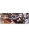32x12 inches anime girl mouse pad with silver-haired red-eyed commander and mech army sci-fi art.