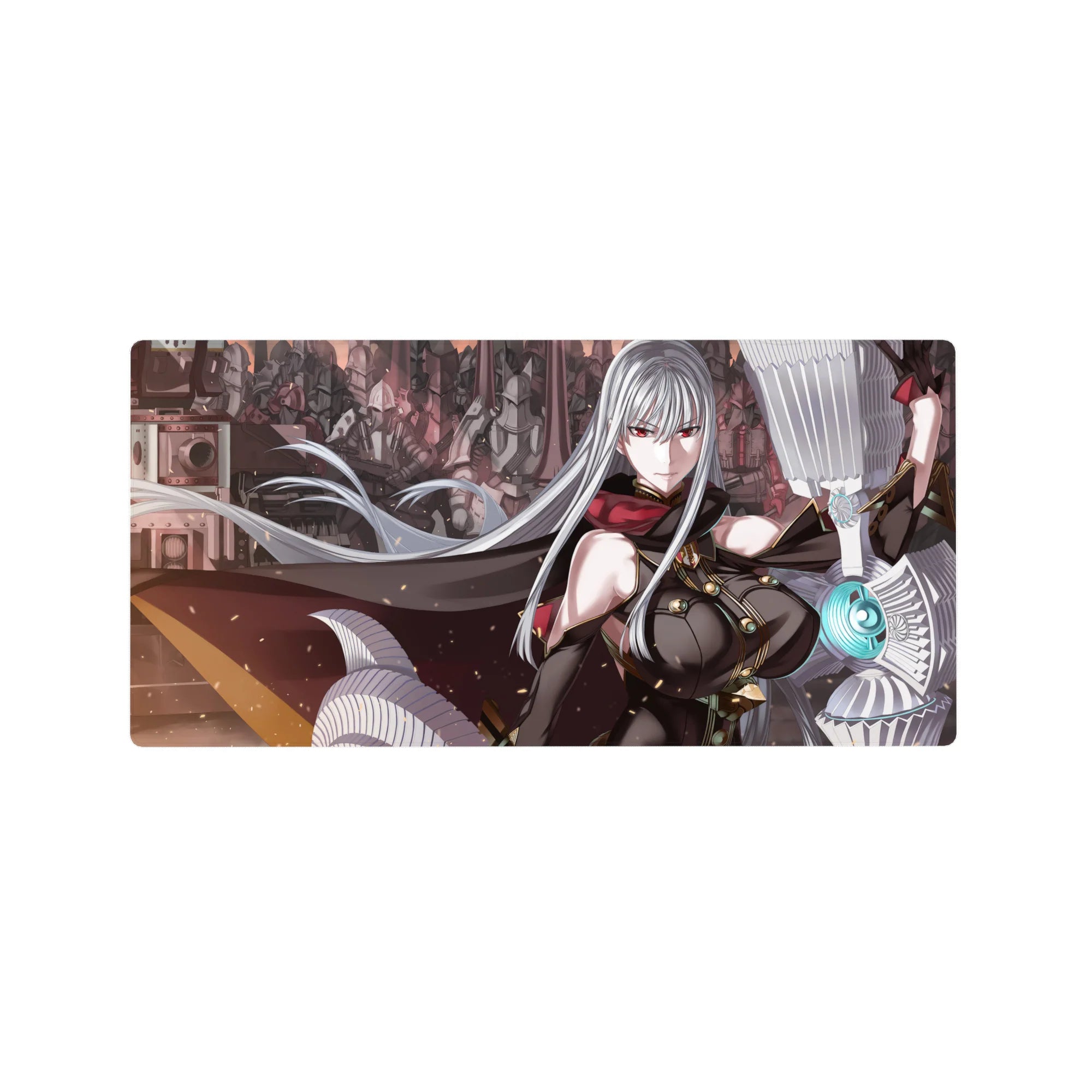 Anime girl mouse pad 32x16 inches with silver-haired commander, red eyes, cape, and mech army backdrop.