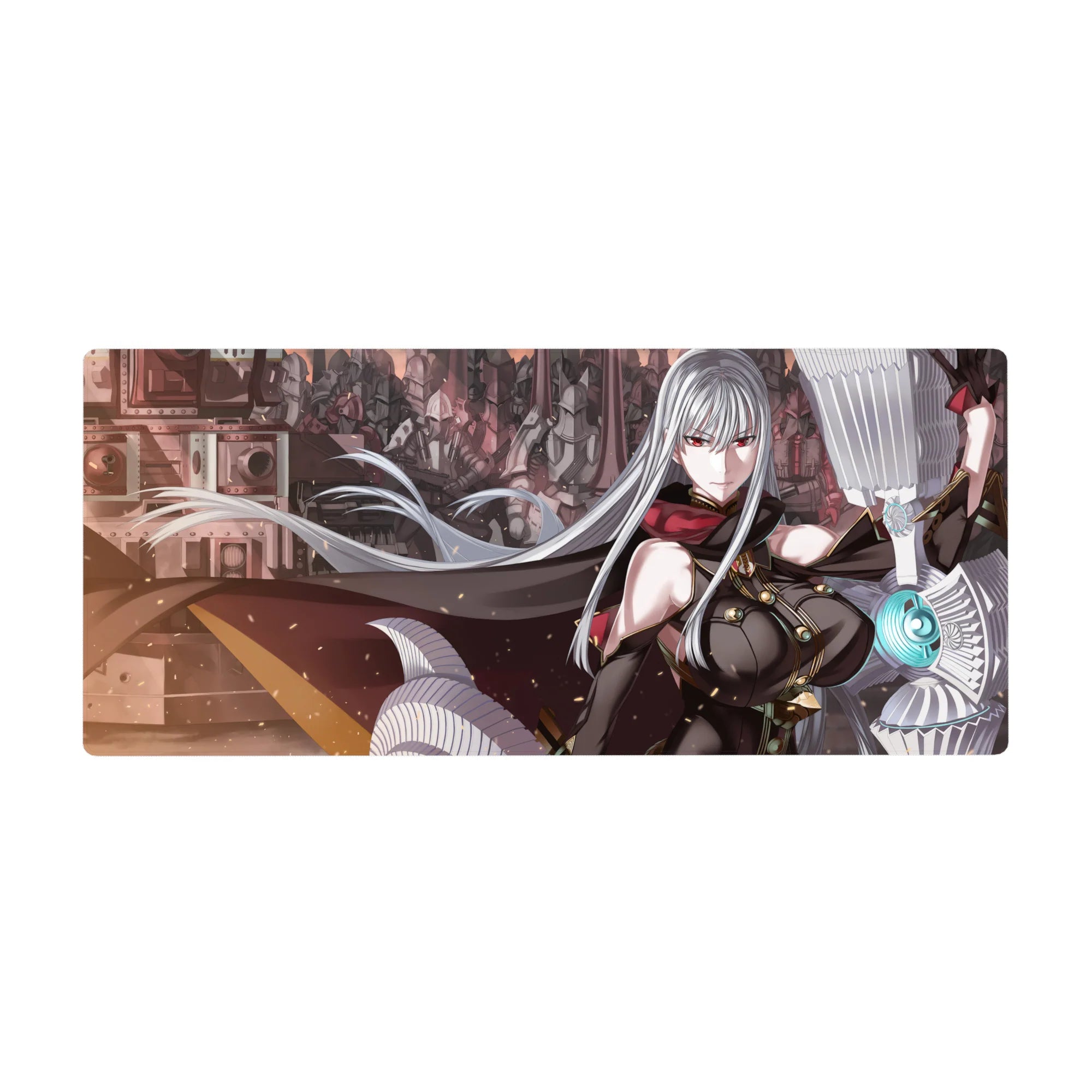 36x16 inches anime girl desk pad with silver-haired red-eyed commander and mech army sci-fi art.
