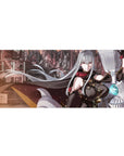 36x16 inches anime girl desk pad with silver-haired red-eyed commander and mech army sci-fi art.