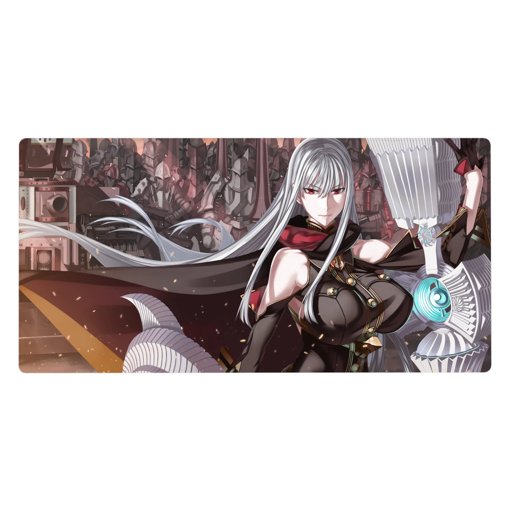 40x20 inches anime girl desk pad with silver-haired commander, mechs backdrop, and glowing cyan tech core.