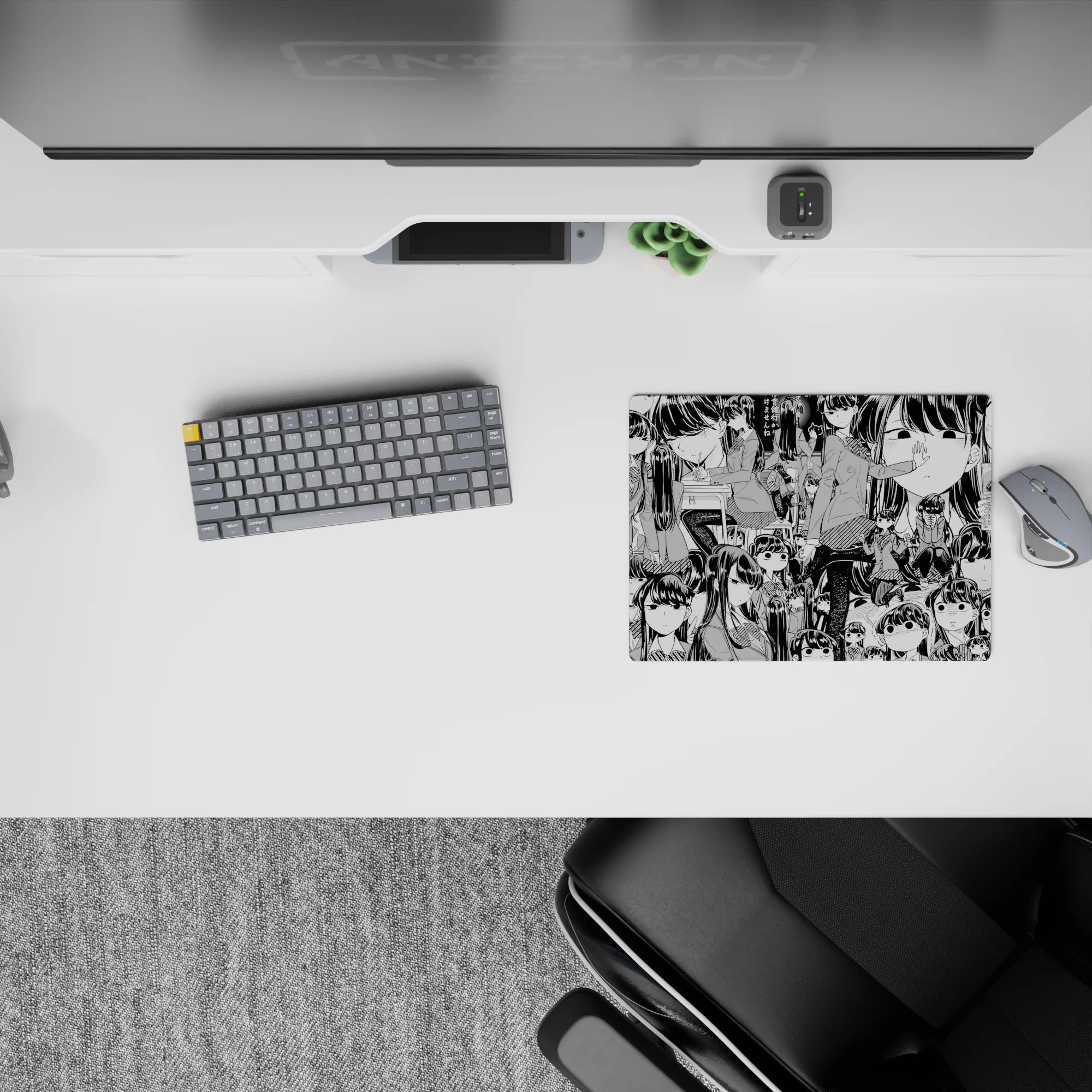 Black-and-white manga style anime girl mouse pad 14x10 inches with awkward, shy, deadpan vibe.