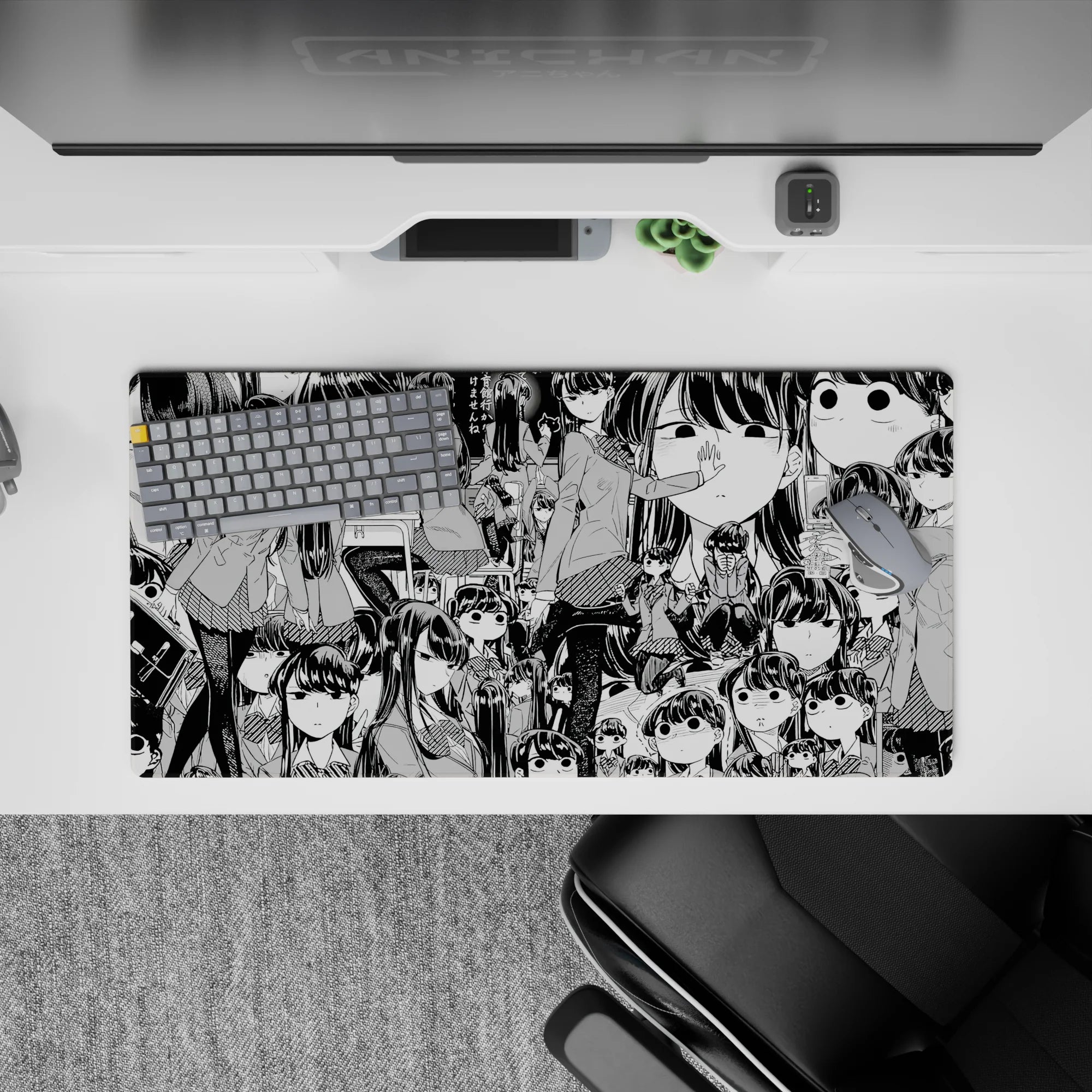 32x16 inches black-and-white manga mouse pad with cute awkward vibe, deadpan stare and panic eyes.