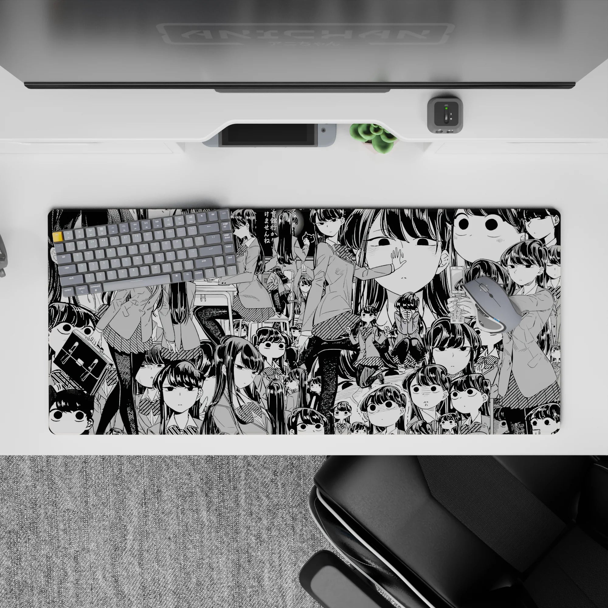 Black-and-white manga anime girl desk pad 36x16 inches, cute awkward vibe with panic-eyes.