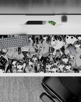 Black-and-white manga anime girl desk pad 36x16 inches, cute awkward vibe with panic-eyes.