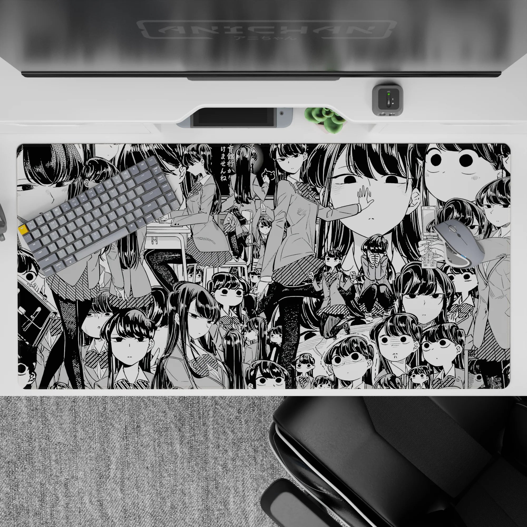 40x20 inches black-and-white manga desk pad, cute awkward vibe with shy slouch and panic-eyes.