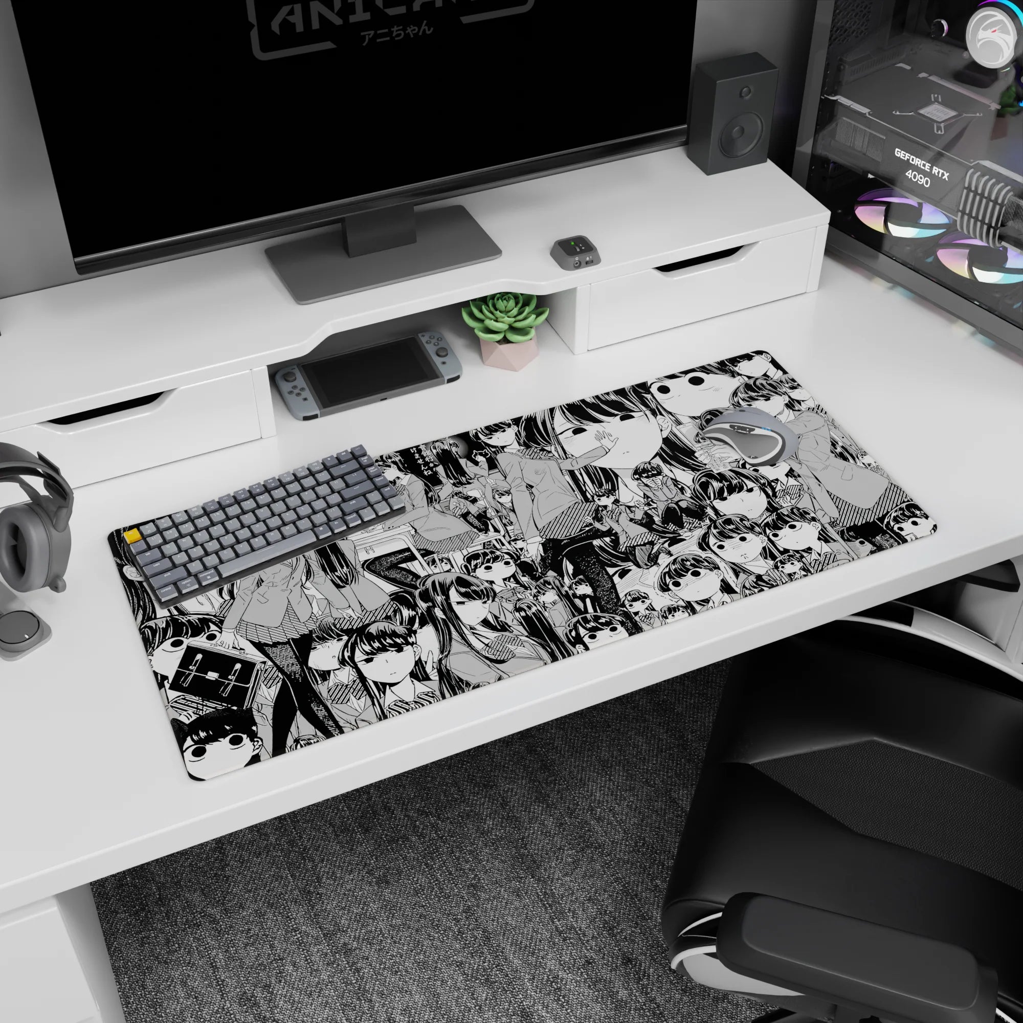 Tomoko Kuroki deadpan stare and shy slouch scene desk pad, tiny Tomokos in background, 36x16 inches.