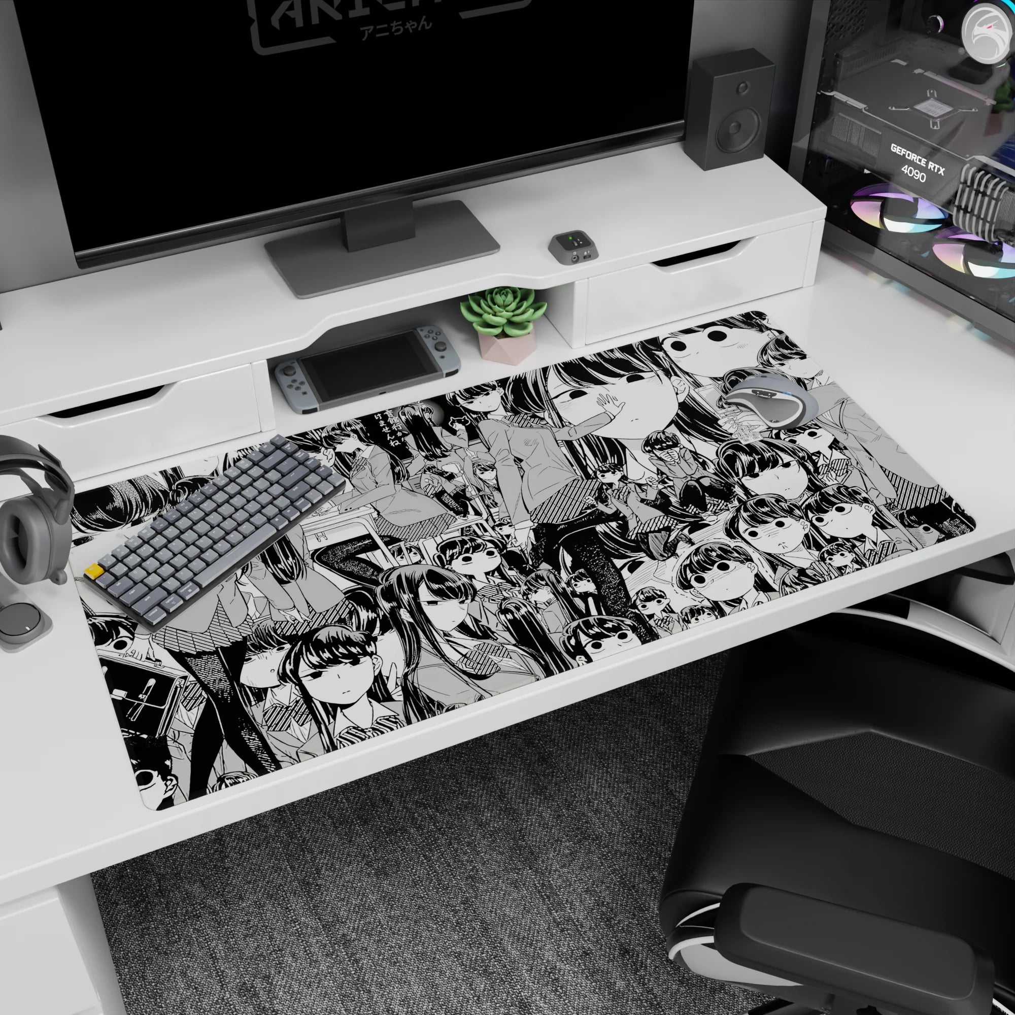 40x20 inches WataMote desk pad featuring Tomoko Kuroki’s deadpan stare, messy bangs, and mini scenes.