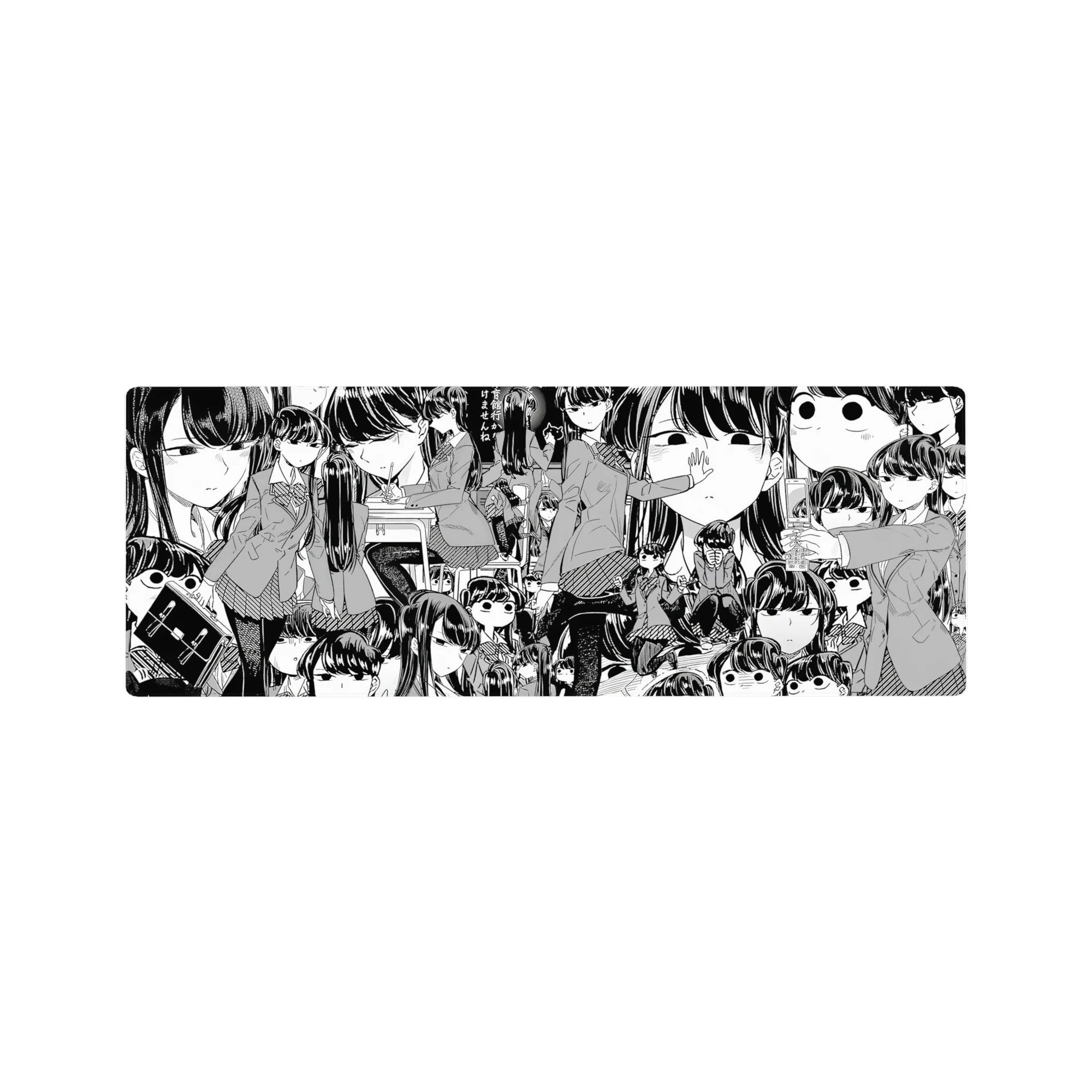32x12 inches anime girl mouse pad with Tomoko collage, manga-style faces, school uniform details.