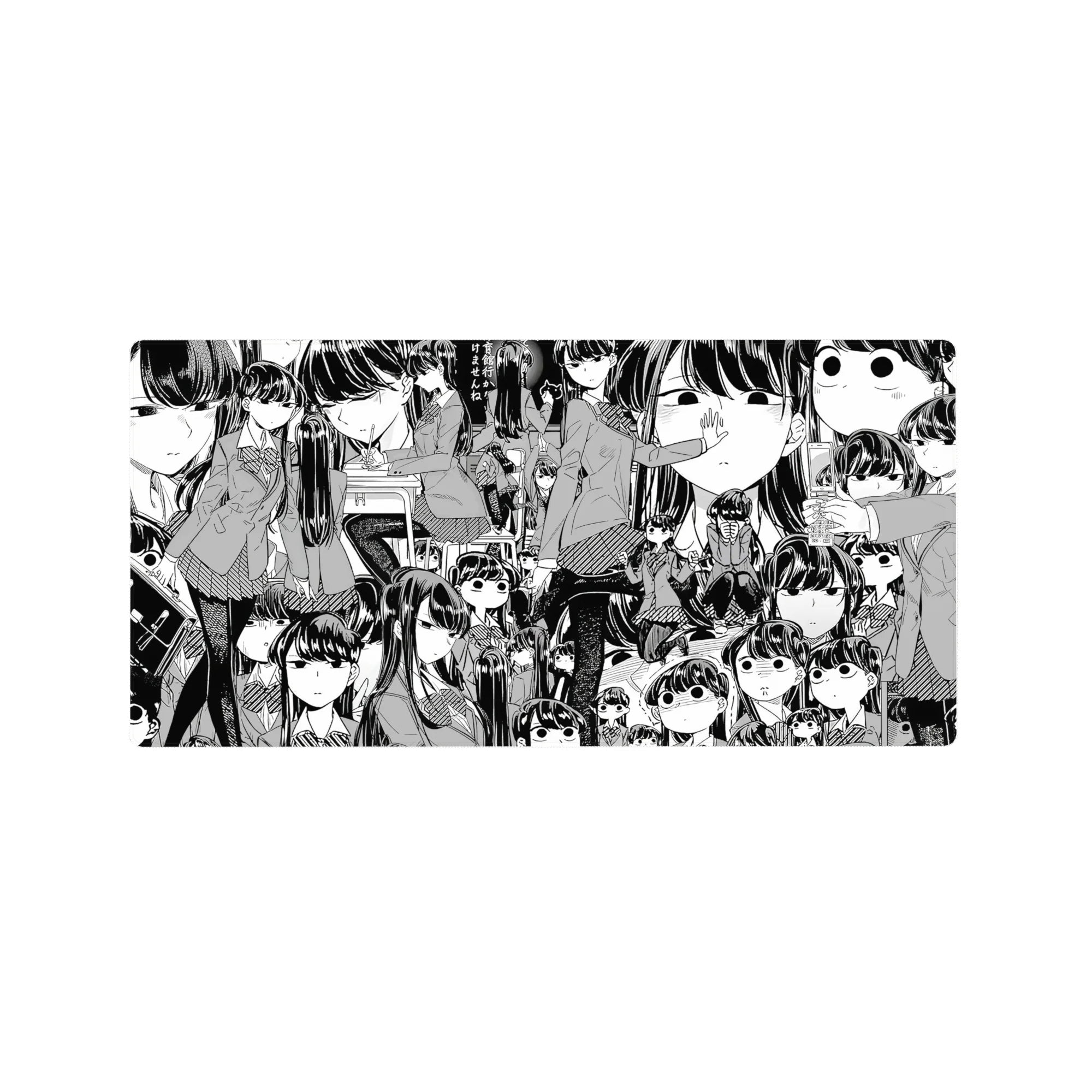 32x16 inches anime girl mouse pad with Tomoko Kuroki collage in manga style, school uniform and tiny panels.