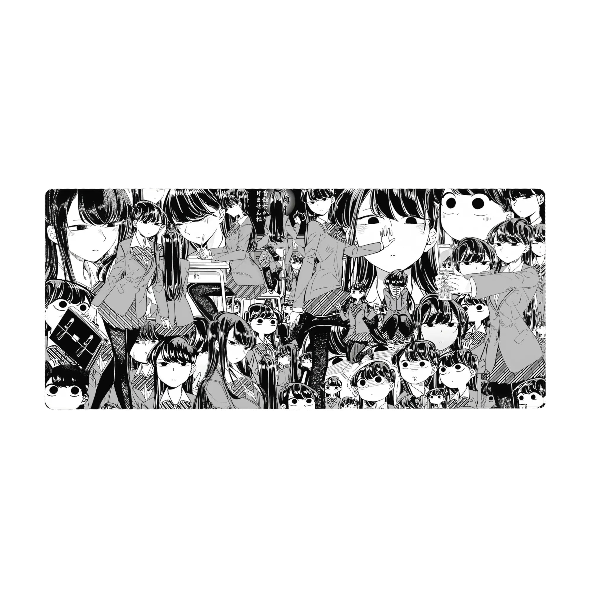 WataMote Tomoko Kuroki collage anime girl desk pad, manga-style school uniform art, 36x16 inches.