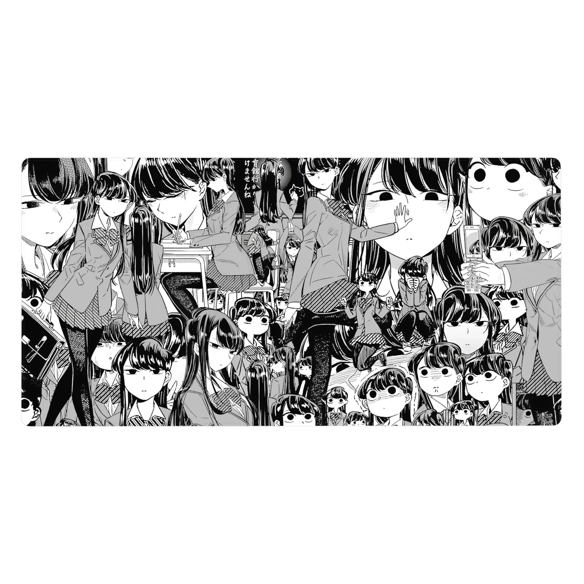 40x20 inches anime girl desk pad with Tomoko Kuroki collage in crisp black-and-white manga style.