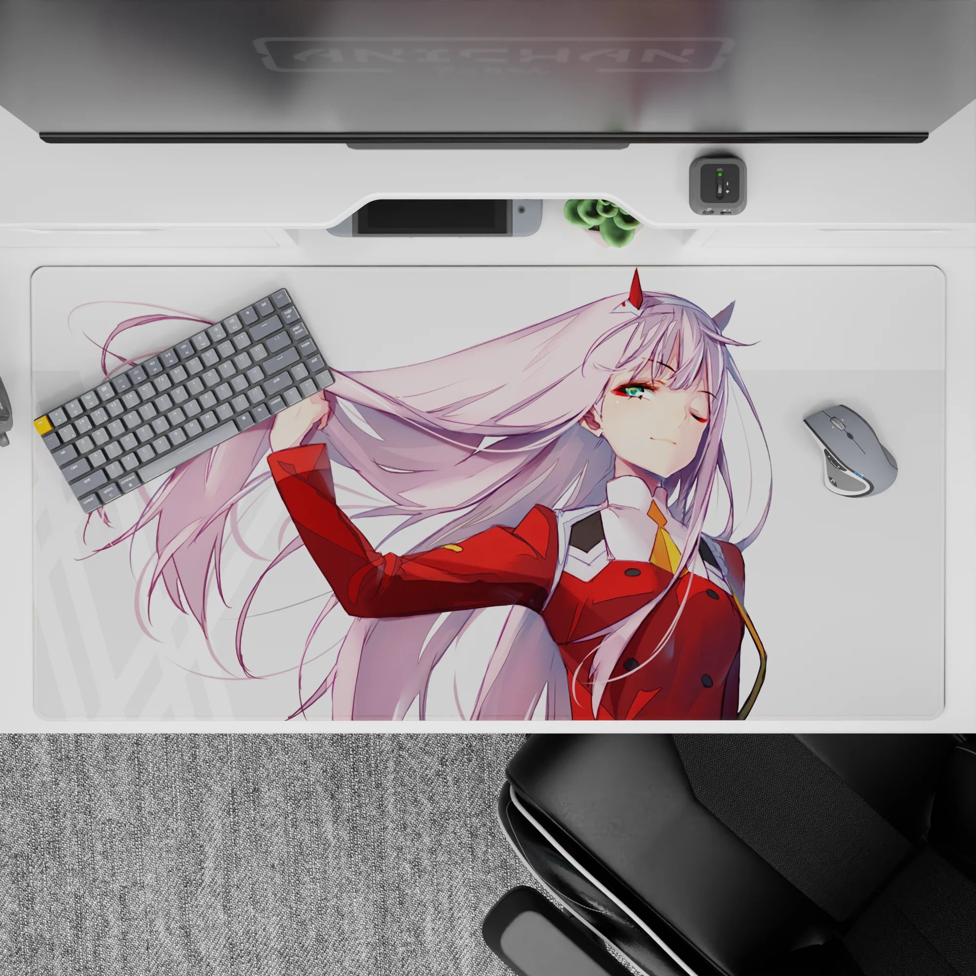 40x20 inches desk pad with Zero Two from Darling in the Franxx, capturing her fierce personality as her pink hair flows freely in the wind.