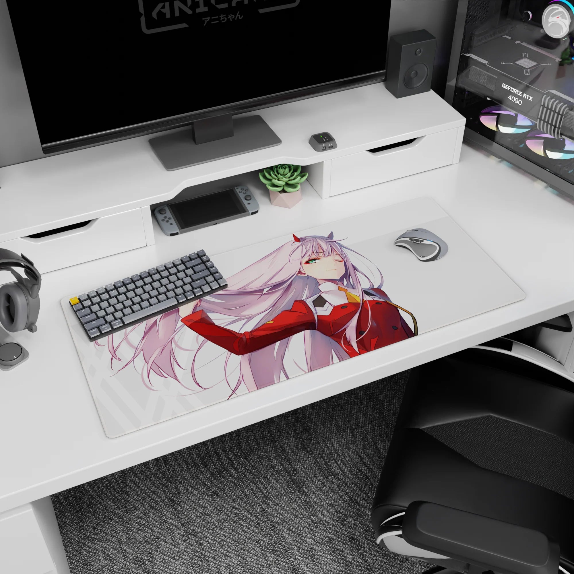 Artistic 36x16 inches desk pad featuring Zero Two from Darling in the Franxx, blending confidence, motion, and style with her flowing pink hair.