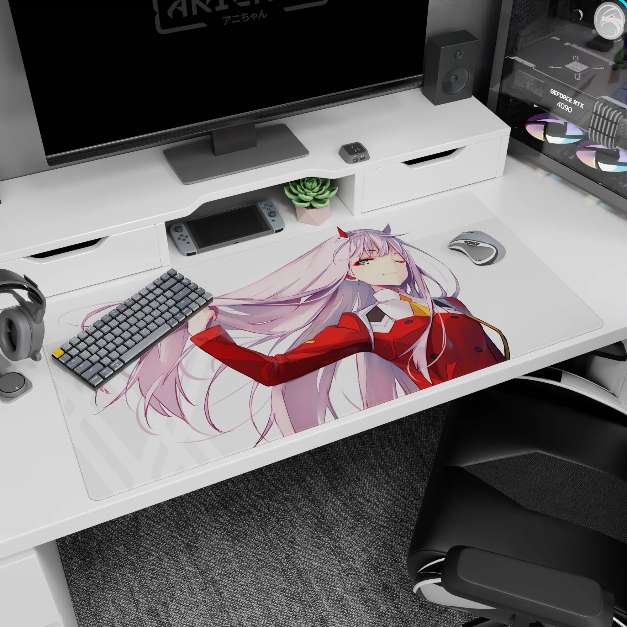 Large 40x20 inches desk pad featuring Zero Two from Darling in the Franxx, showcasing her confident stance and flowing pink hair.