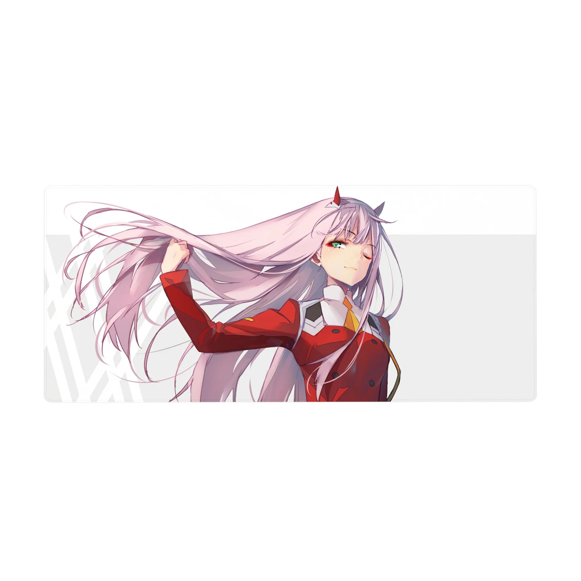 Desk pad featuring Zero Two from Darling in the Franxx, 36x16 inches, with her hair blowing in the wind, embodying confidence and motion.