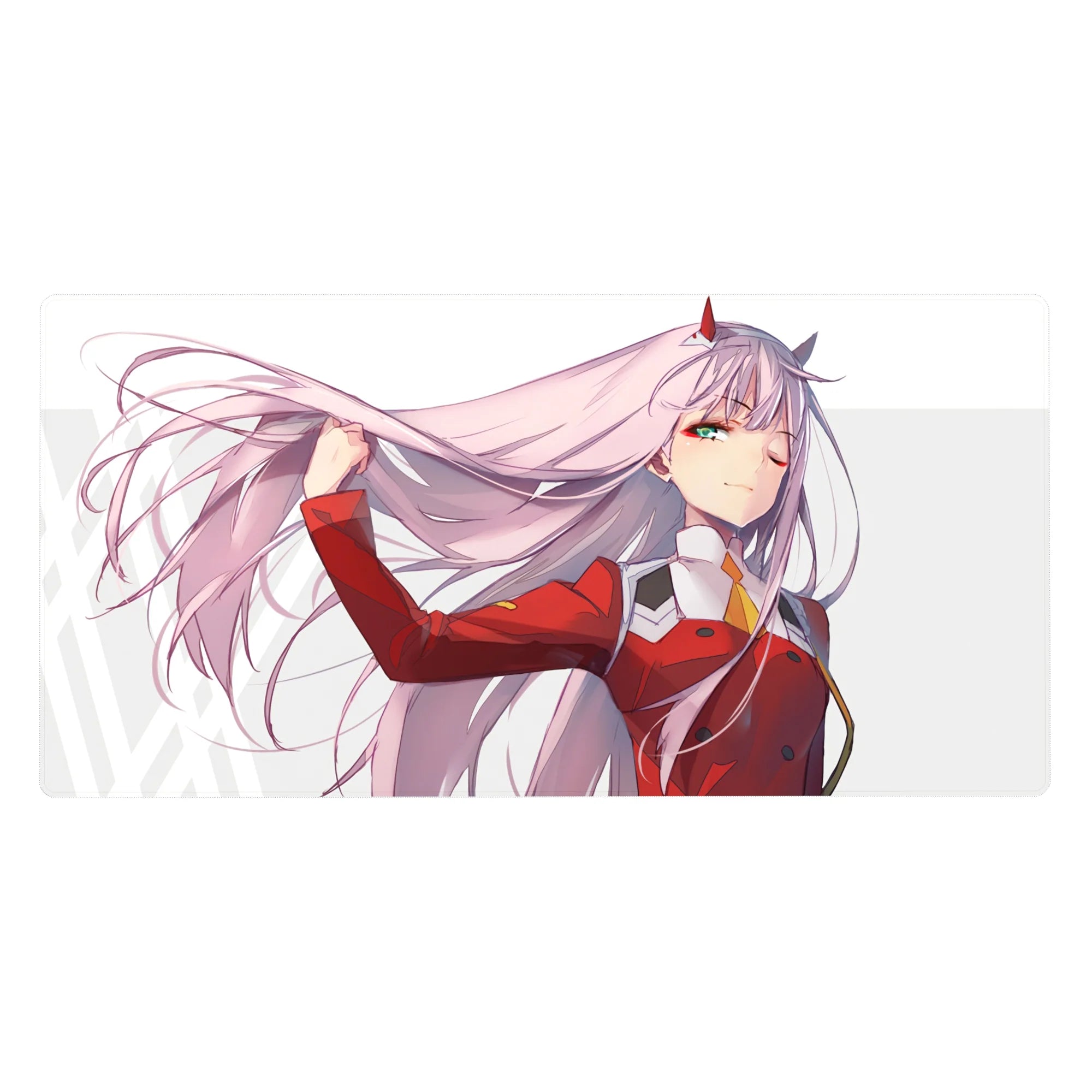 Desk pad featuring Zero Two from Darling in the Franxx, 40x20 inches, with her pink hair blowing in the wind, showcasing confidence and poise.