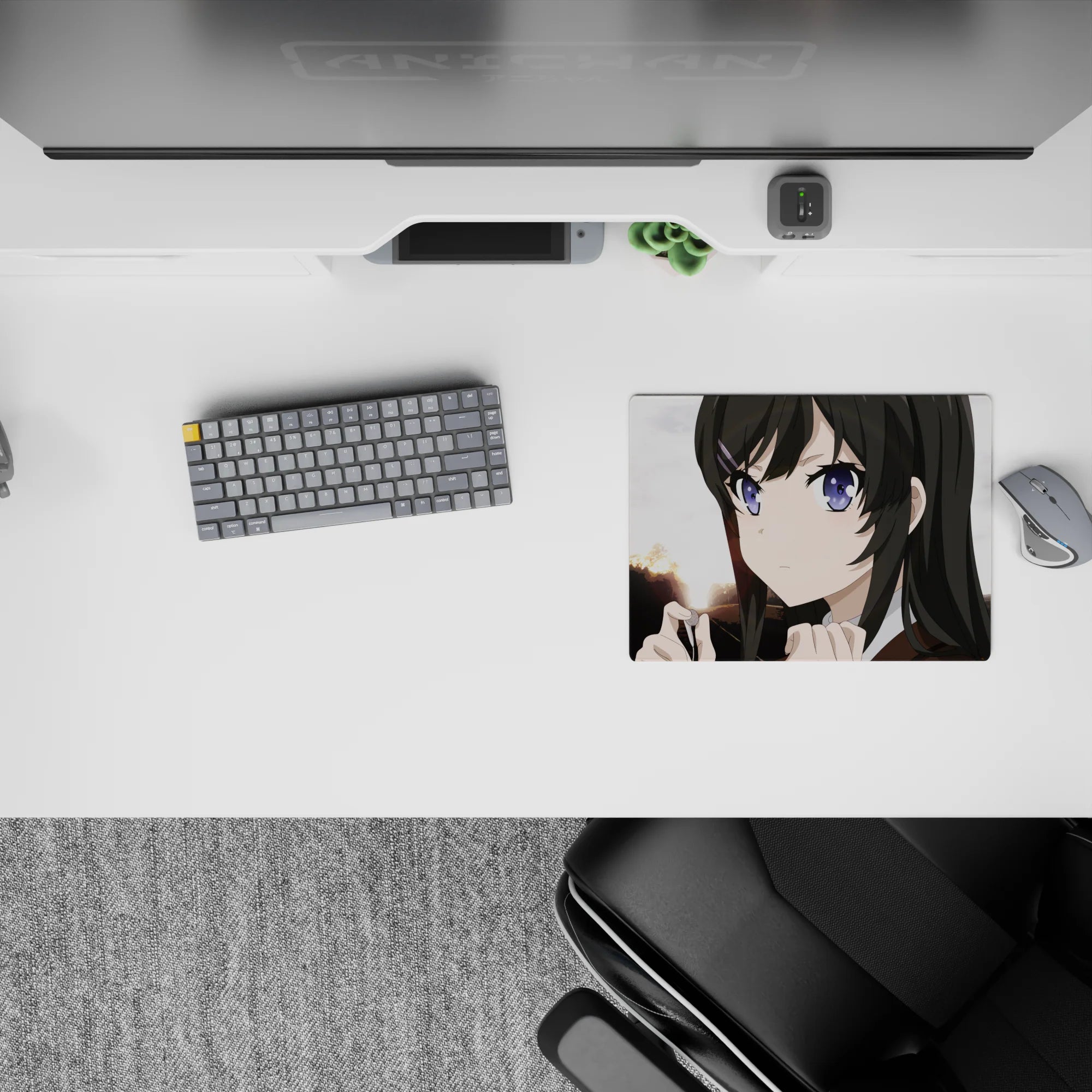 Cozy-focus anime mouse pad 14x10 inches in soft dusk light, purple eyes, and warm sunset gradients.