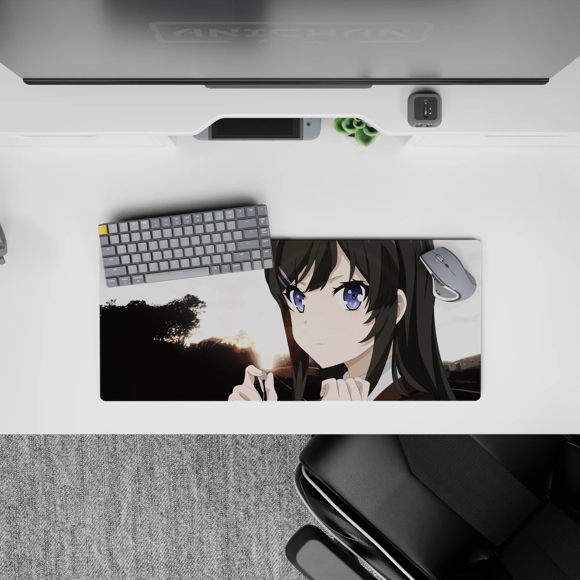 28x12 inches desk mouse pad in soft dusk light with purple eyes, warm sunset gradients, calm vibe.