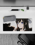 28x12 inches desk mouse pad in soft dusk light with purple eyes, warm sunset gradients, calm vibe.