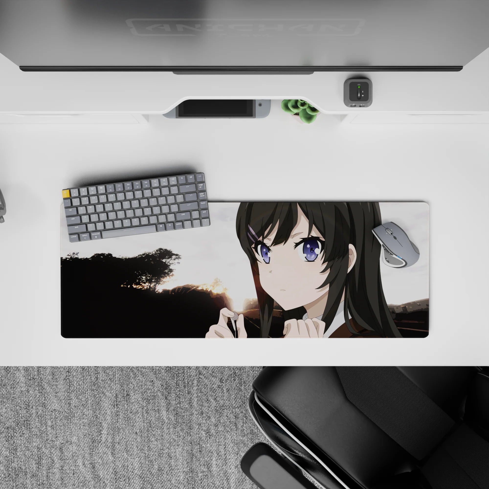 Purple-eyed anime girl mouse pad 32x12 inches in soft dusk light with warm sunset gradients and calm drama.