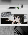 Purple-eyed anime girl mouse pad 32x12 inches in soft dusk light with warm sunset gradients and calm drama.
