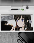 32x16 inches anime mouse pad in warm dusk gradients with sharp purple eyes and a calm-but-ready vibe.