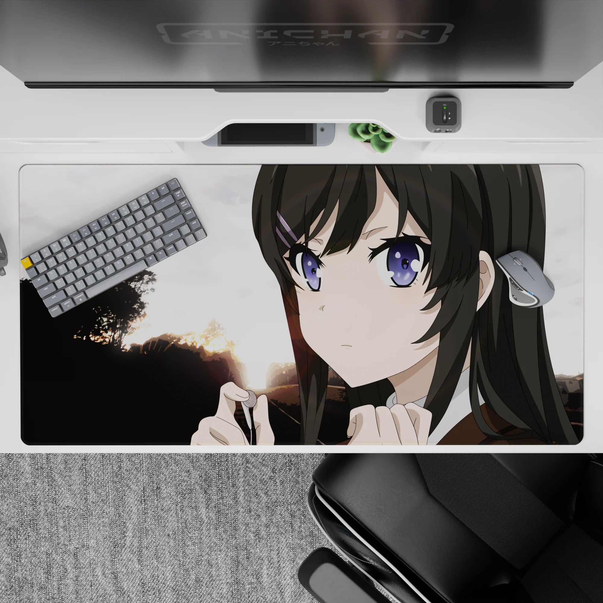 Purple-eyed anime desk pad 40x20 inches in soft dusk light with warm sunset gradients and calm focus mood.