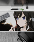 Purple-eyed anime desk pad 40x20 inches in soft dusk light with warm sunset gradients and calm focus mood.