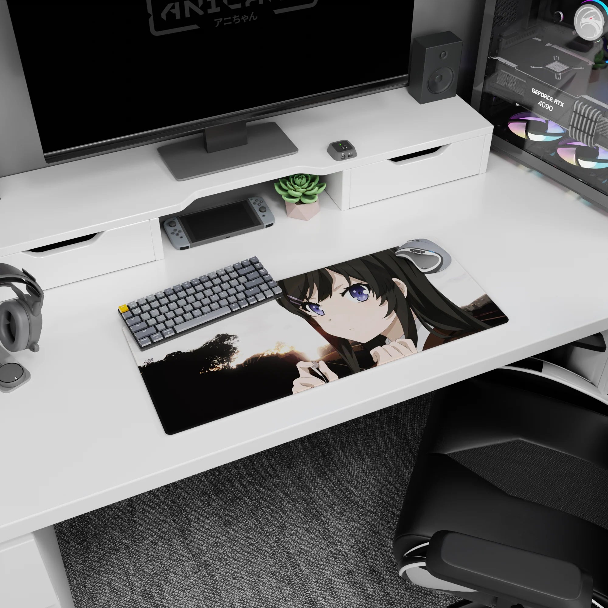 28x12 inches anime girl mouse pad featuring a purple-eyed girl at sunset with dark trees in silhouette.