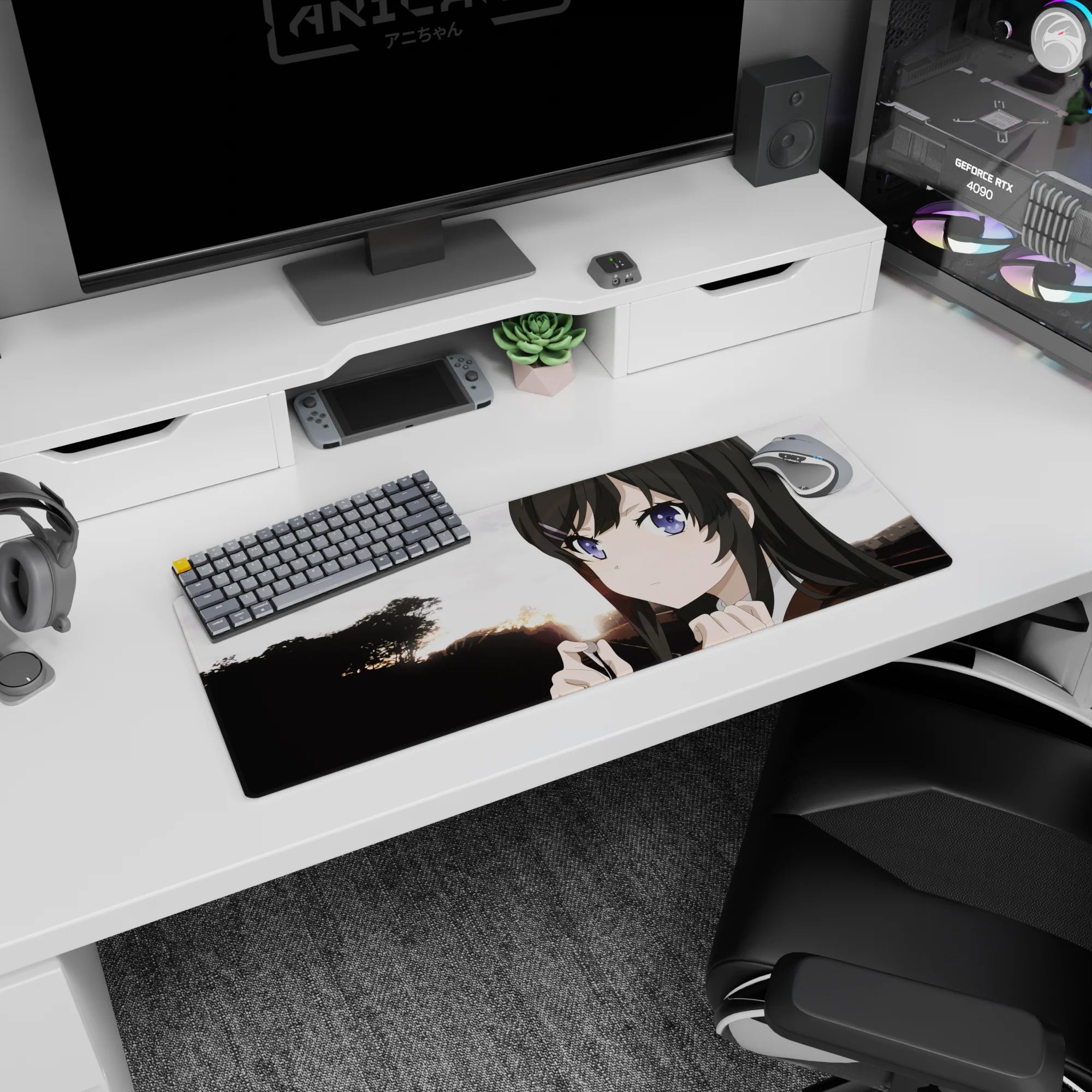 Anime girl with sharp purple eyes at sunset mouse pad 32x12 inches, bold tree silhouettes behind her.