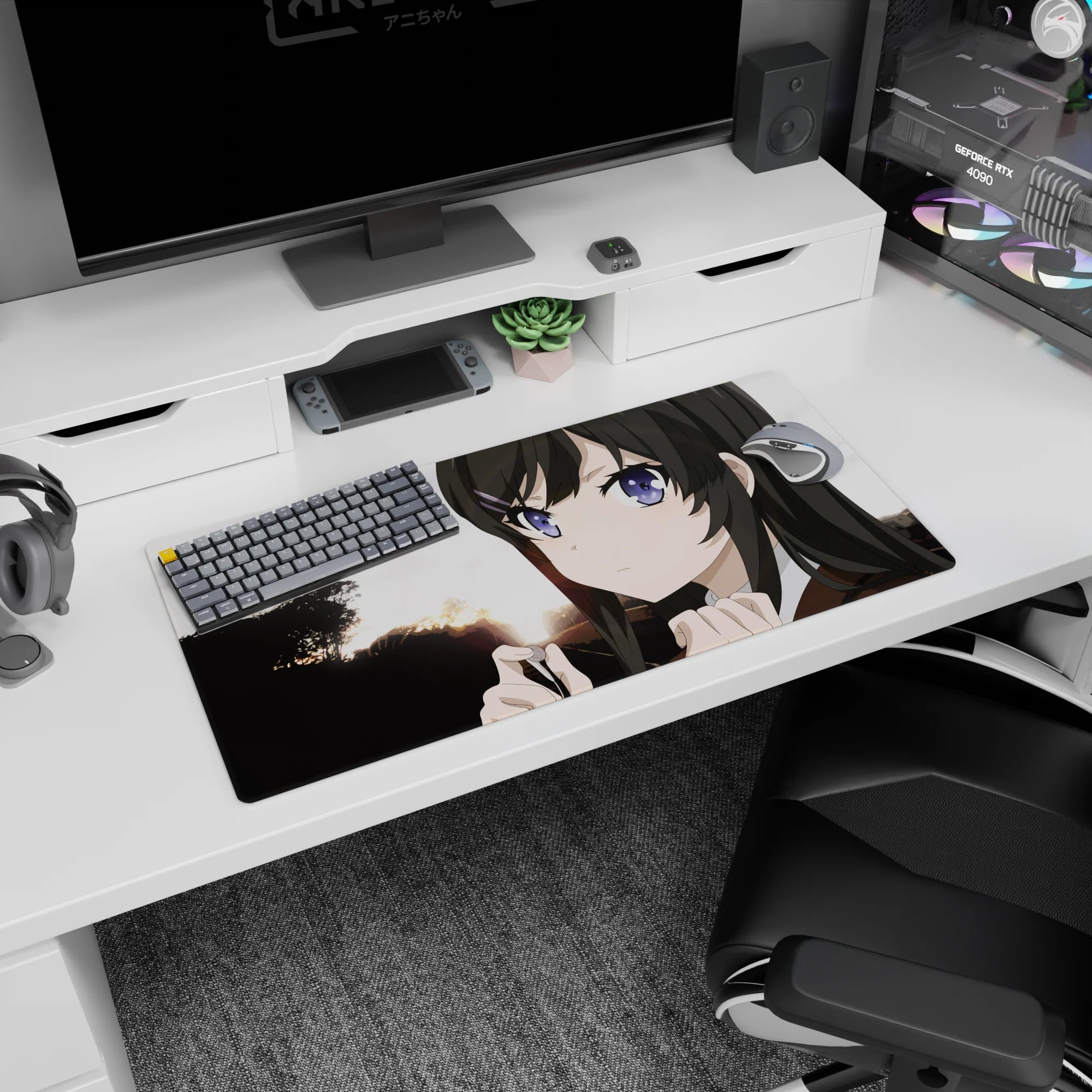 32x16 inches mouse pad showing an anime girl with purple eyes in soft dusk light against dark trees.