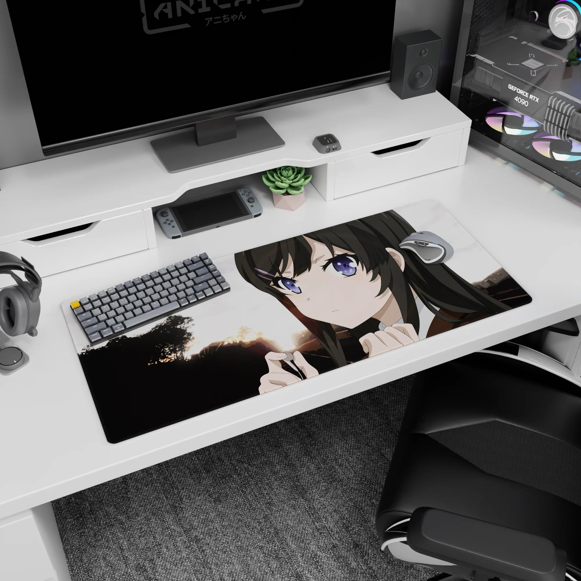 Purple-eyed anime girl at sunset scene desk pad 36x16 inches, calm courage vibe, sharp contrast.