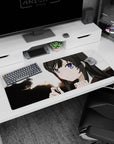 Purple-eyed anime girl at sunset scene desk pad 36x16 inches, calm courage vibe, sharp contrast.