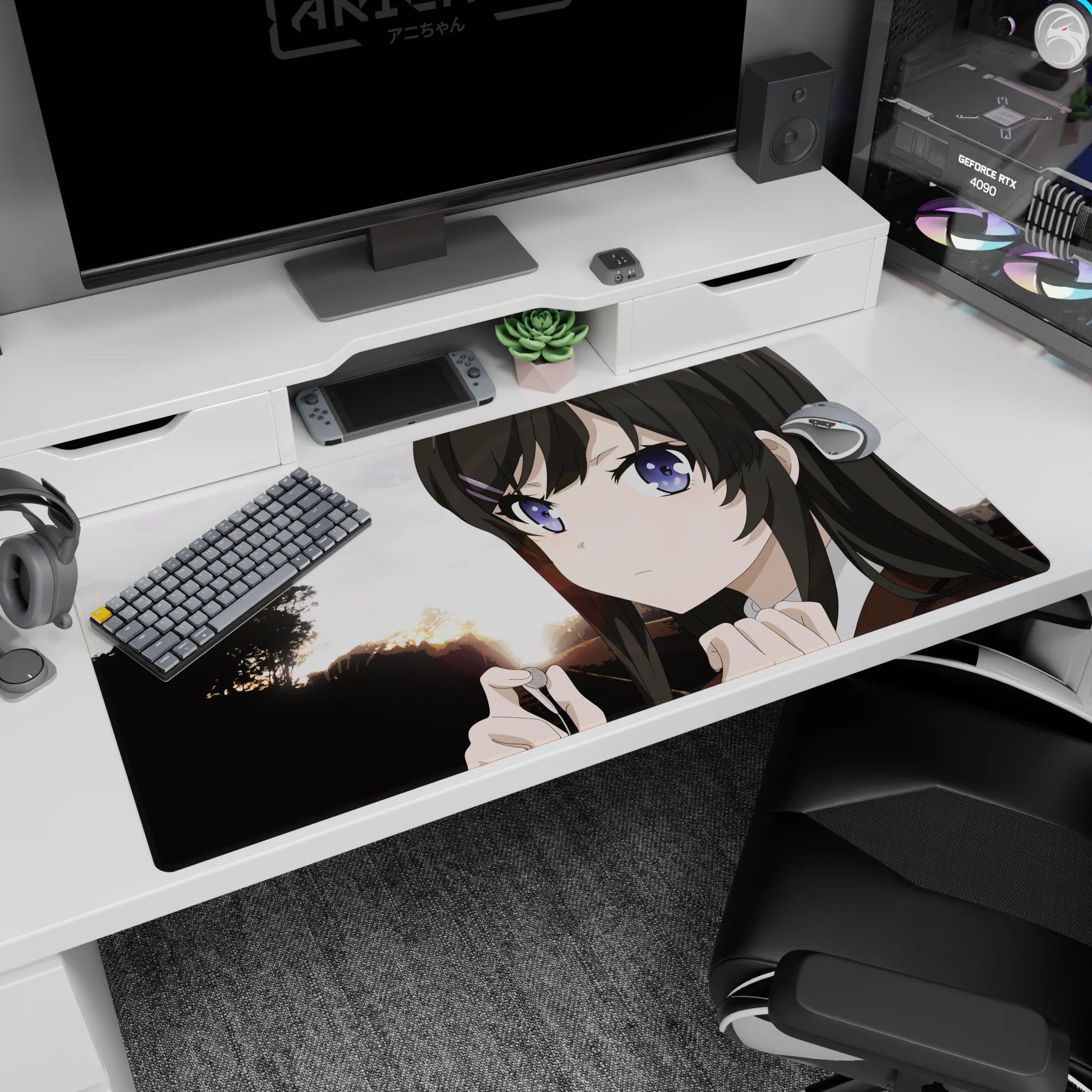 Anime girl with sharp purple eyes at sunset desk pad 40x20 inches, bold tree silhouettes behind her.