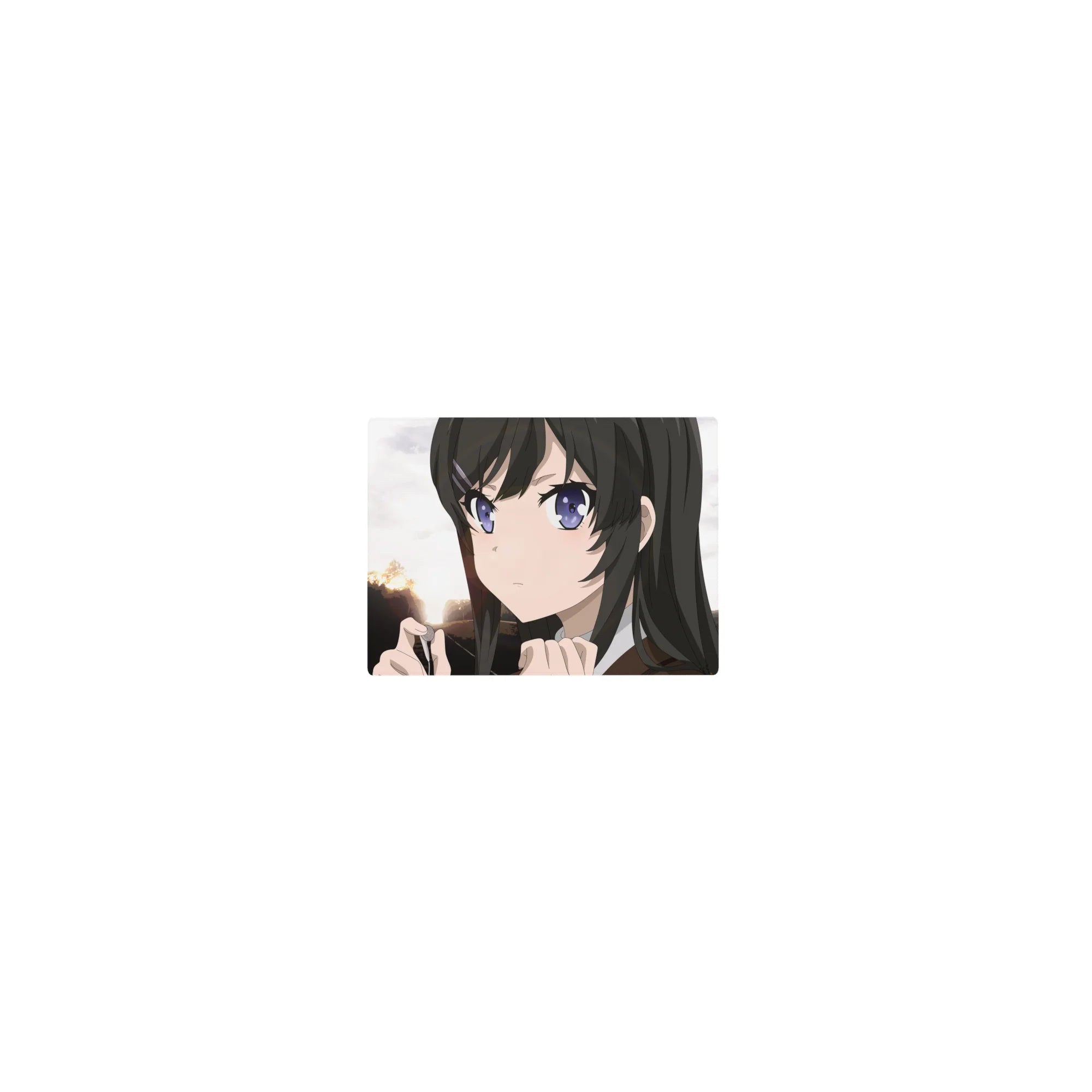 Classic anime girl mouse pad 14x10 inches with glossy black hair, hair clip, and sunset tree silhouette.