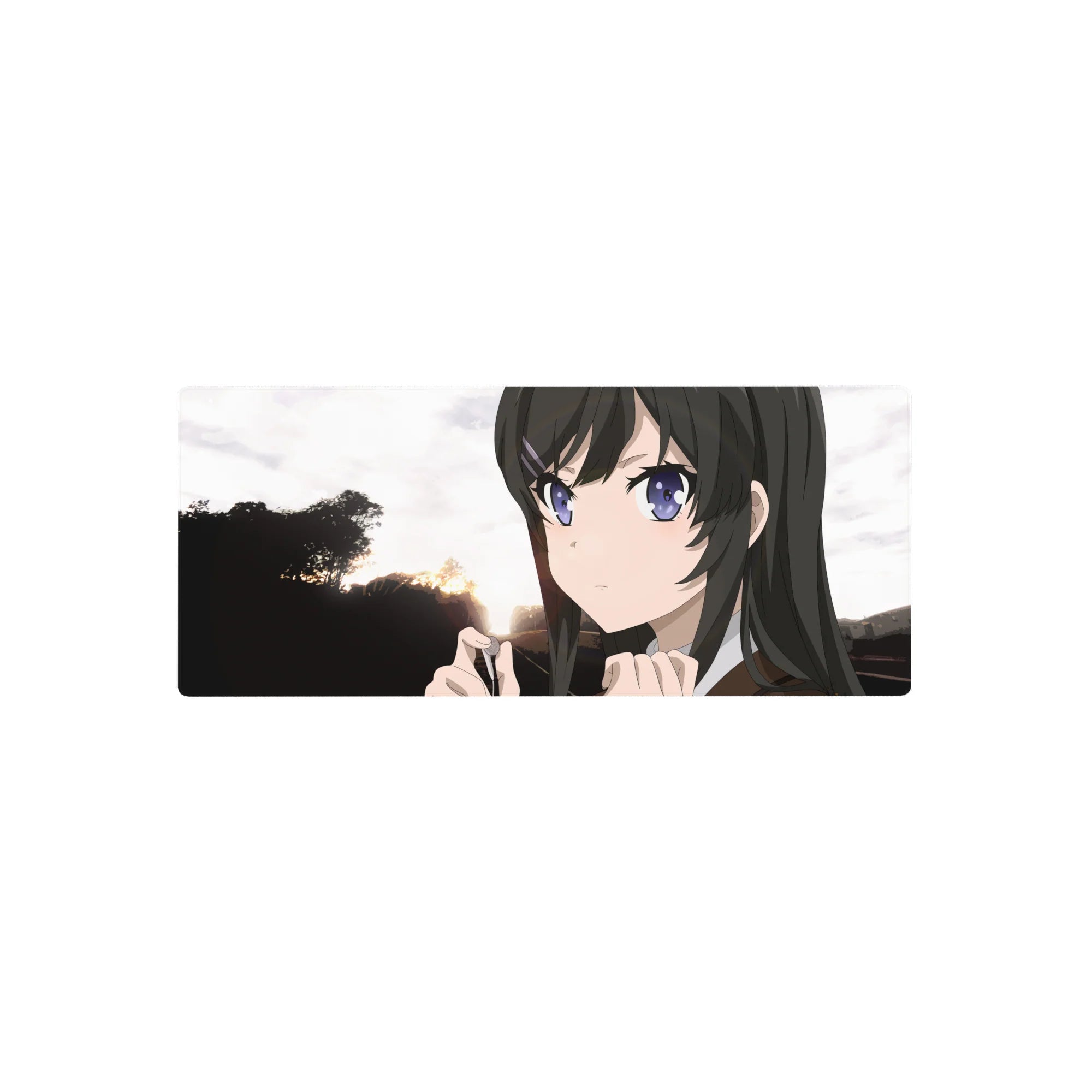 28x12 inches anime girl mouse pad with glossy black hair, cute hair clip, and bold tree silhouettes.