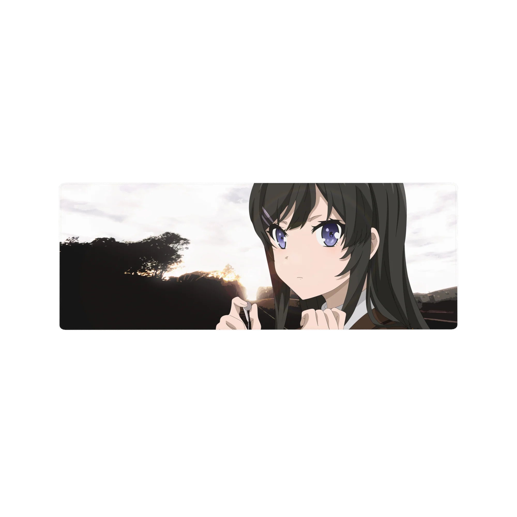 Anime girl desk mouse pad 32x12 inches with glossy black hair, hair clip, and sunset tree silhouettes.