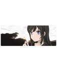Anime girl desk mouse pad 32x12 inches with glossy black hair, hair clip, and sunset tree silhouettes.