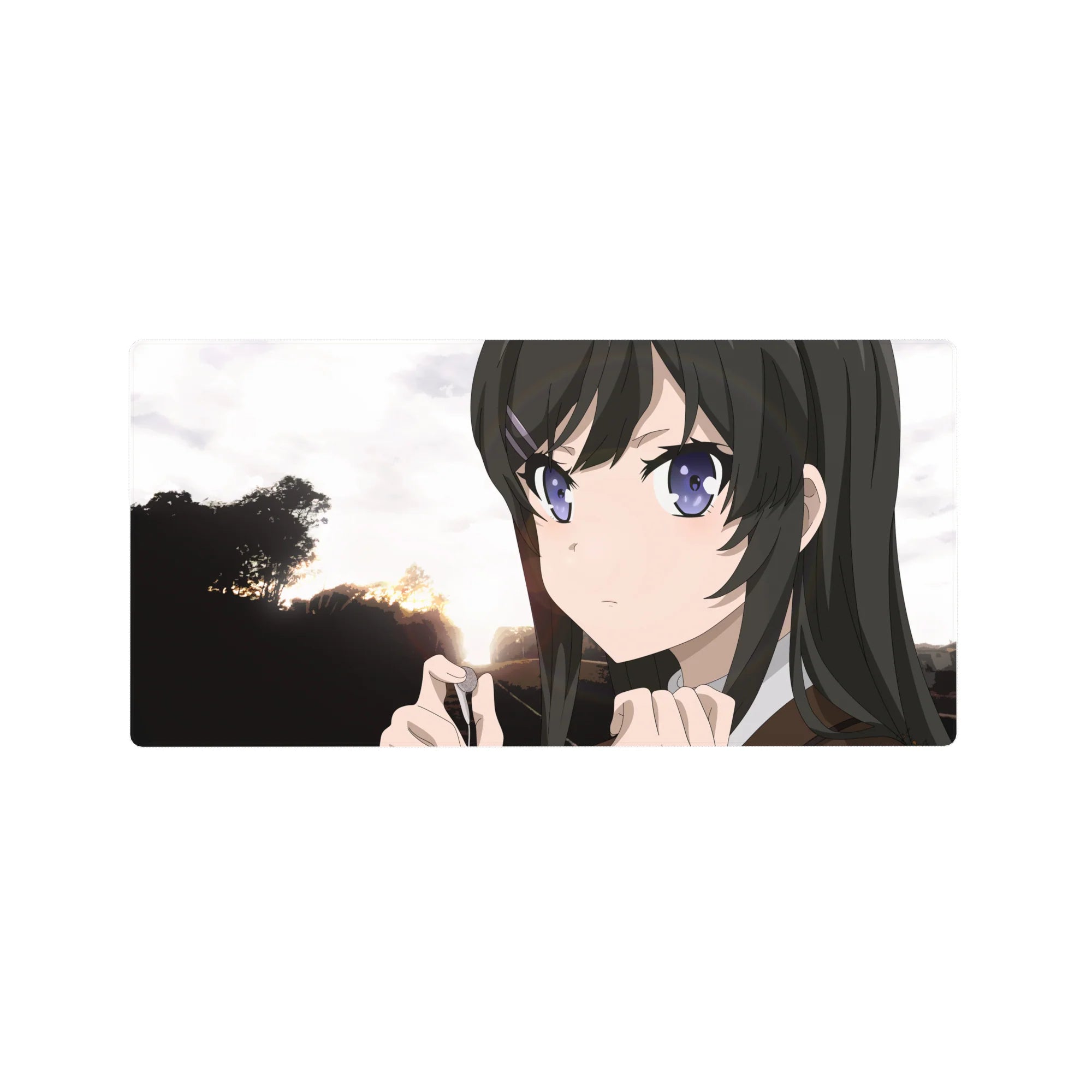 32x16 inches anime girl mouse pad with glossy black hair, hair clip, and bold tree silhouettes at sunset.