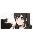 32x16 inches anime girl mouse pad with glossy black hair, hair clip, and bold tree silhouettes at sunset.