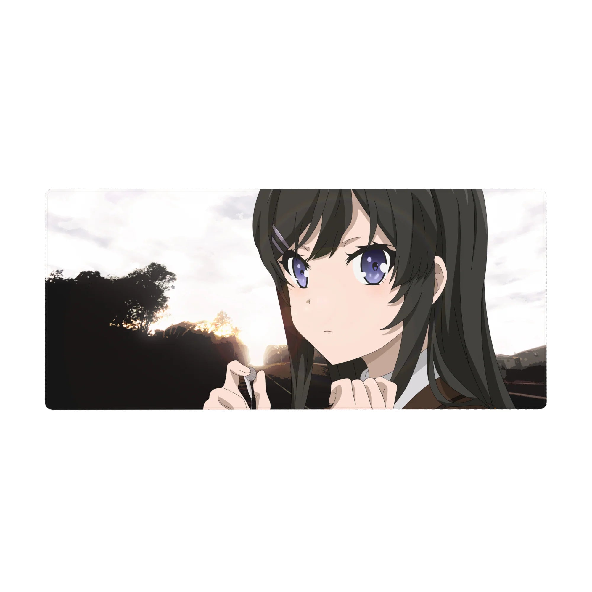 Anime girl desk pad 36x16 inches with glossy black hair, clip, purple eyes, sunset trees silhouette.