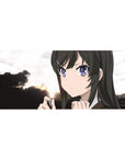 Anime girl desk pad 36x16 inches with glossy black hair, clip, purple eyes, sunset trees silhouette.